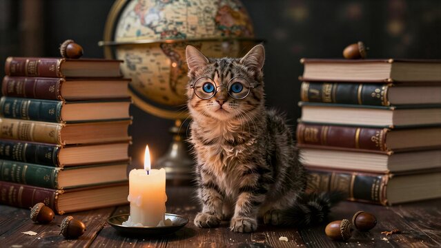 Cute kitten in glasses sits among books, candlelight, and acorns.