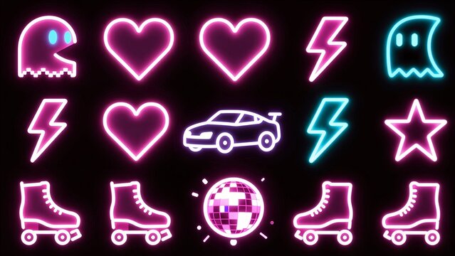 Neon pink and blue icons: ghosts, hearts, stars, lightning, roller skates, disco ball.
