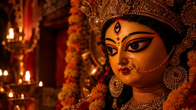 Beautiful close up of goddess durga idol face illuminated by glowing lamps during maha shashthi durga puja and navratri autumn festival celebration