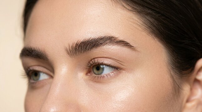 Close-up of young woman's natural, well-groomed eyebrows and green eyes.