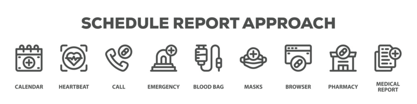 Schedule Report Approach with icon of Calendar, Heartbeat, Call, Emergency, Blood bag, Masks, Browser, Pharmacy, Medical report