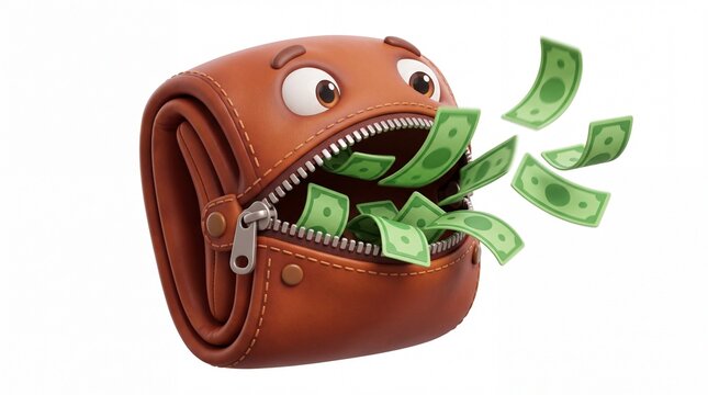 Brown cartoon wallet character with eyes spitting green cash