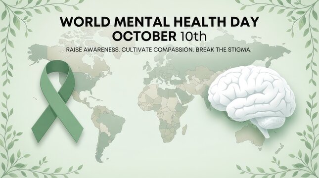 World mental health day awareness campaign with ribbon brain with observance compassion stigma awareness poster highlights stigma breaking messages
