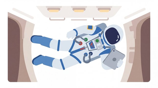 Astronaut floating in zero gravity using a tablet inside spacecraft
