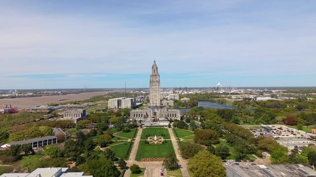Scenic view of downtown Baton Rouge, Louisiana featuring the State Capitol, riverfront district and modern urban architecture.