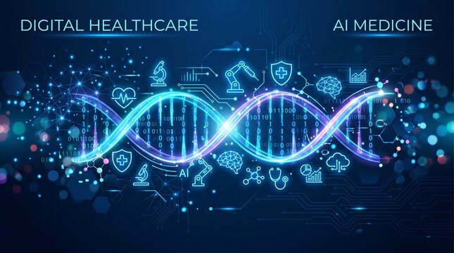 Glowing digital DNA double helix structure with medical icons and binary code on a dark blue background