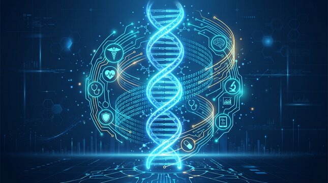 DNA helix integrated with futuristic digital data network illustrating genetic bioinformatics research
