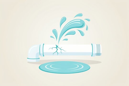 Cracked blue water pipe leaking with splashes of water and a puddle on a light background.