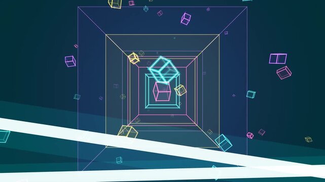 Neon geometric cube shapes in recursive tunnel view digital art video game. Suitable for abstract backgrounds in gaming.