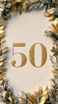 This card showcases the number 50 in gold surrounded by a botanical frame. It is designed for an anniversary story in a vertical format.