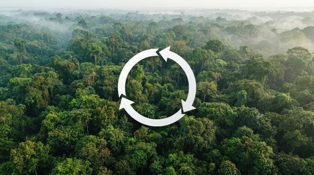 Recycling symbol over lush dense forest canopy with misty background with Recycling arrows overlay dense green forest thick treetops light fog