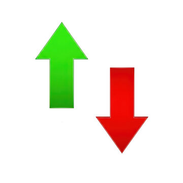Two directional arrows, one green pointing up and one red pointing down, symbolizing growth and decline or comparison.