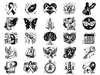 Fototapeta premium Breast cancer awareness icon set black and white hand drawn symbols including ribbon heart and butterfly for healthcare support campaign