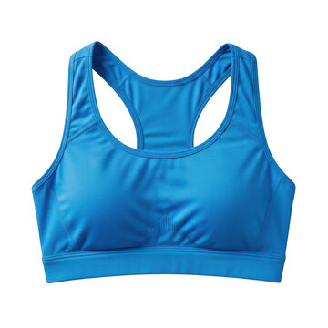 Blue sports bra with racerback design made of breathable fabric for athletic activities and fitness workouts.