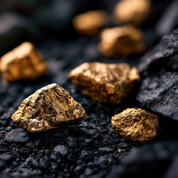 Close up of rough gold nuggets on dark rough rock texture