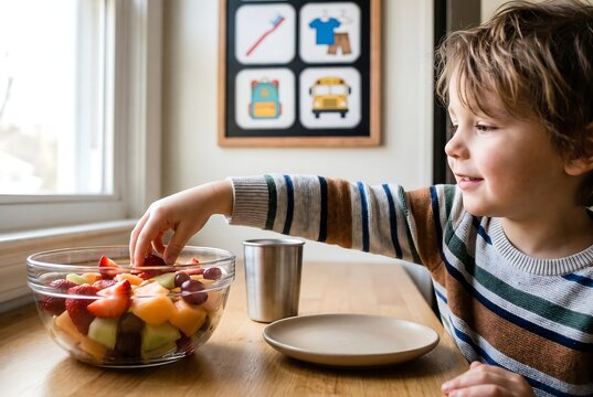 Child Eating Healthy Breakfast Independently at Home