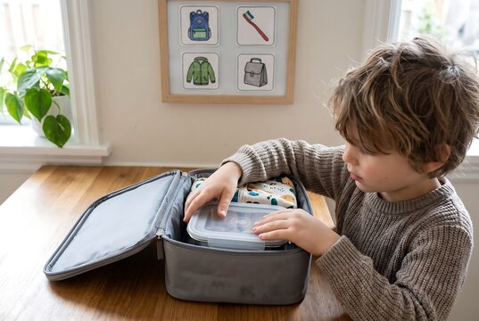 Child Organizing Packed Lunch Independently Before School