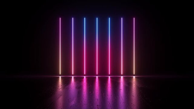 neon light shapes on black background,rainbow colors, empty space,  80's retro style, fashion show stage, abstract background, 3d rendering,conceptual image.