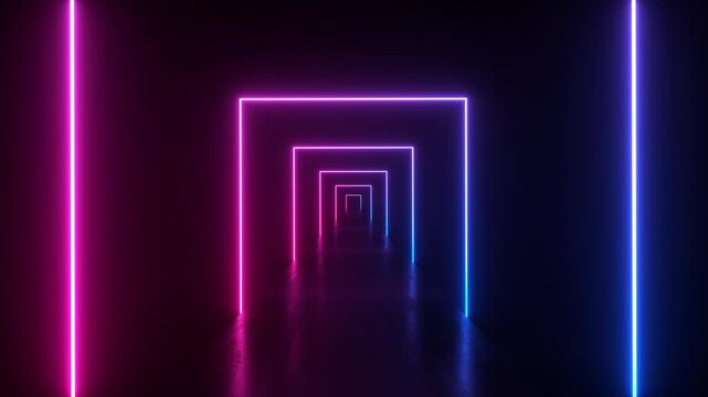 neon light shapes on black background,rainbow colors, empty space,  80's retro style, fashion show stage, abstract background, 3d rendering,conceptual image.