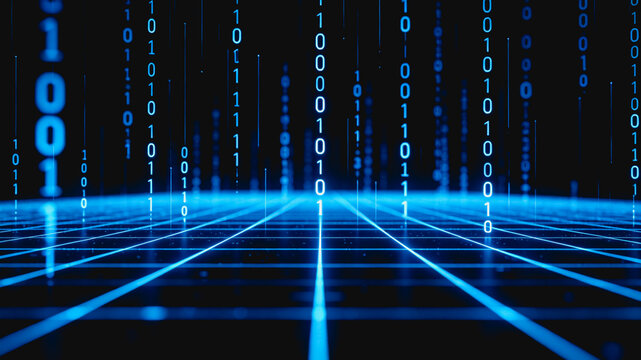 Flowing binary code on a glowing digital grid, representing modern data technology and cyber space.