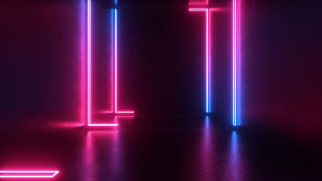 neon light shapes on black background,rainbow colors, empty space,  80's retro style, fashion show stage, abstract background, 3d rendering,conceptual image.