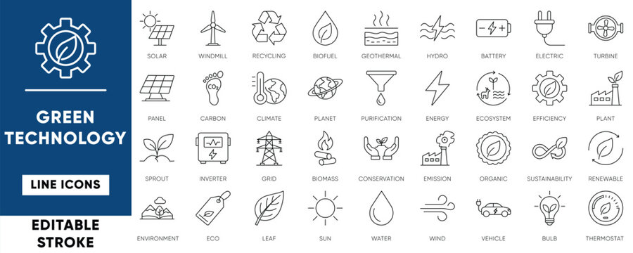 Green technology and renewable energy line icon set with editable strokes. Premium vector icons for sustainability, ecology, solar power, recycling, and environment.
