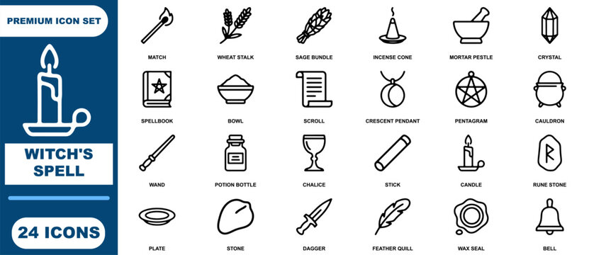 Witch spell and occult themed set featuring twenty four black outline symbols including candles, wands, chalices, and rune stones