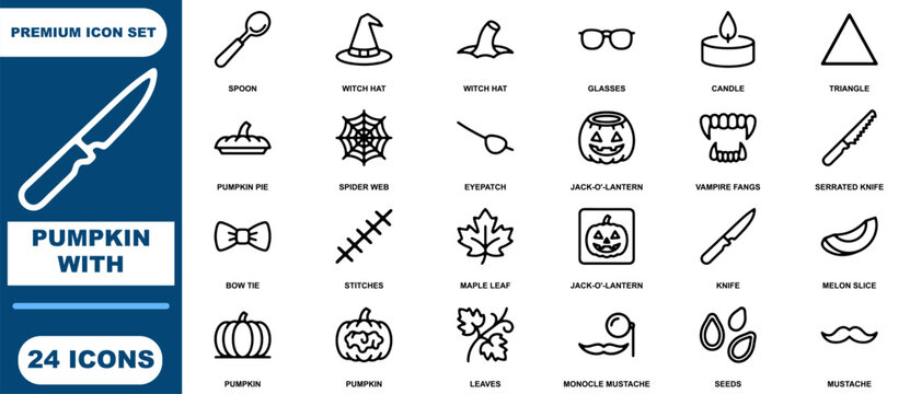 A collection of twenty-four black and white line featuring a pumpkin, halloween symbols, and various miscellaneous on white