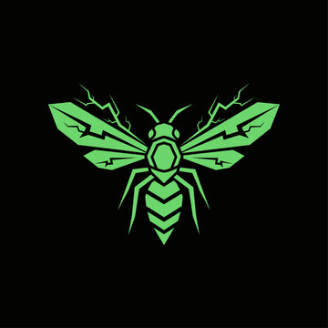Stylized glowing green insect with lightning bolt wings on a dark background, resembling a powerful bee or wasp.