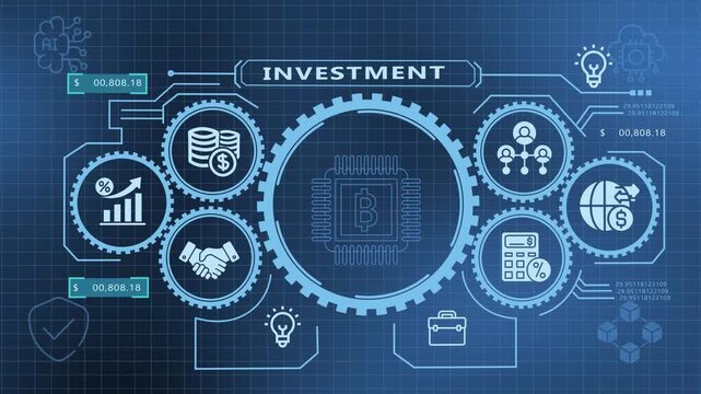 Investment technology concept with financial growth, analytics, digital assets and portfolio management.