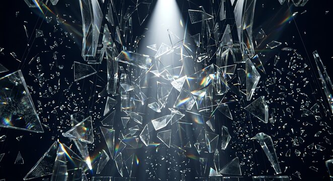 Abstract background of shattered glass shards floating in a spotlight against a black backdrop