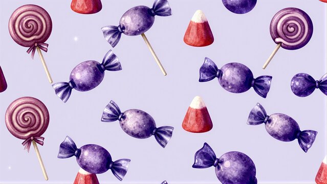 Purple lollipops and candy wrappers float whimsically against a soft lavender background.