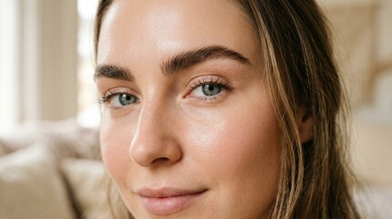 Fototapeta premium Young Woman With Natural Makeup, Healthy Skin and Blue Eyes Looking at Camera