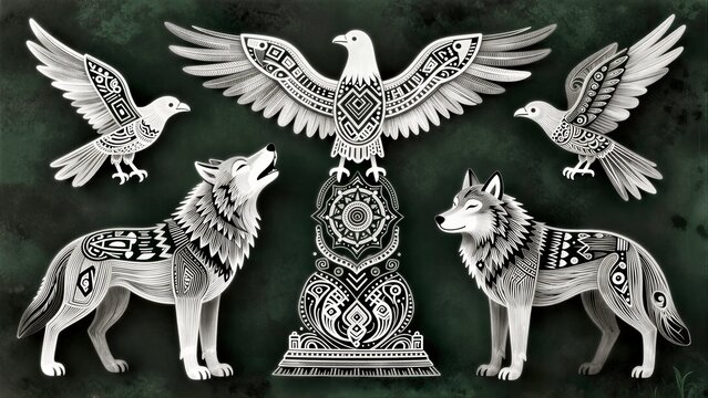 Sacred wolves and birds with intricate patterns around a central totem pole.