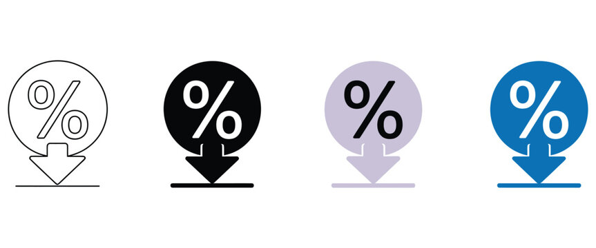Percentage Discount Down Arrow Icons for Sale Prices, Retail Promotions, Shopping Savings, Special Offers, and Marketing Designs.