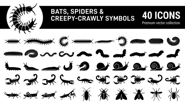 Halloween creepy crawly insect icons and spooky bug silhouettes for scary party decorations and graphic Editable EPS