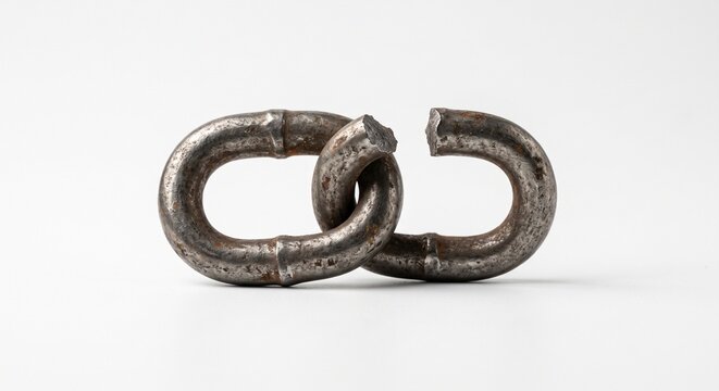 Broken Metal Chain Link Isolated on White Background, Weak Link and Vulnerability Concept