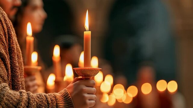 Hands Carrying Candles During a Christmas Church Procession