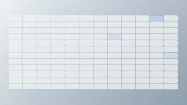 A rectangular silicon wafer substrate with a precise grid of photolithographic die sites, showing slight tonal variations across the surface, photographed flat against a neutral grey