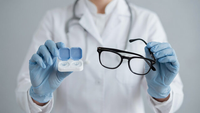 Ophthalmologist doctor holding contact lens case and eyeglasses comparing vision correction methods