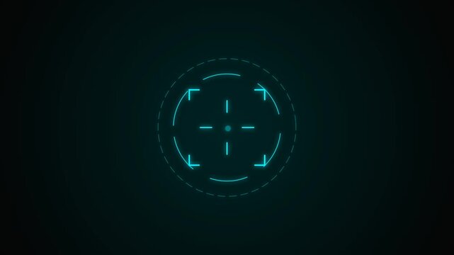 Glowing cyan circular reticle symbol with directional arrows and central crosshair set against a dark textured background, positioned in the upper frame with a minimalist digital interface
