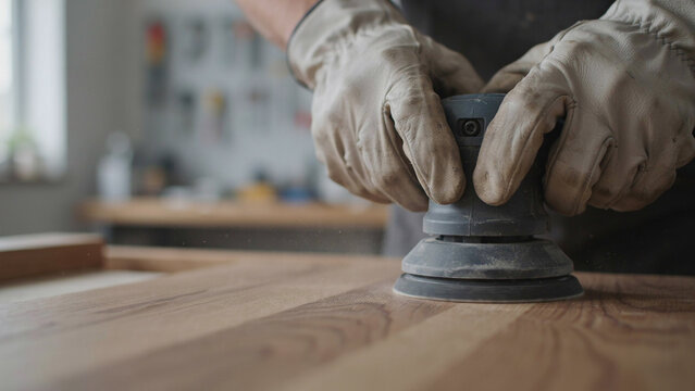 Carpenter in protective gloves sanding wooden tabletop using electric orbital sander in workshop