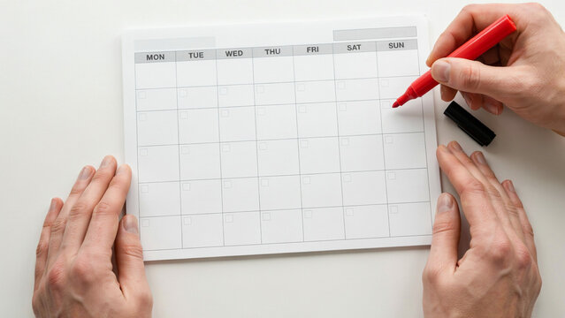 Hands planning schedule with red marker on blank monthly calendar pad on white desk