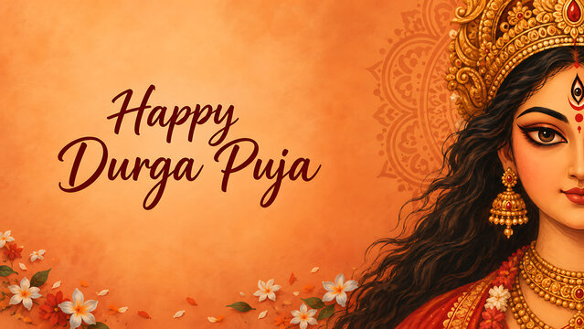 Beautiful goddess face on orange background with floral decorations for maha shashthi celebration of durga puja and navratri festival holiday greeting card