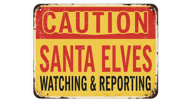 Caution sign with santa elves watching and reporting isolated on transparent background