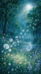 Obraz premium Dreamy fantasy forest mobile wallpaper with glowing dandelions
