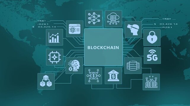 Blockchain technology with secure digital networks and data flow.