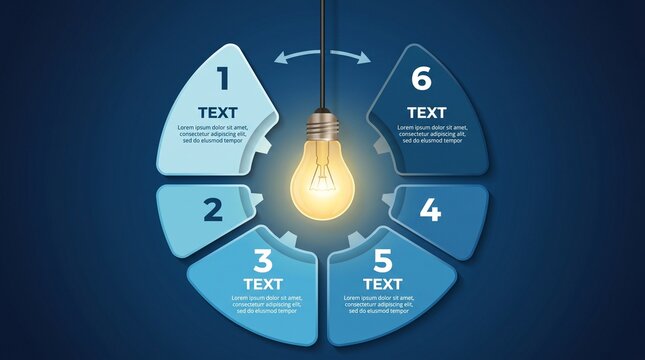 Illuminating Ideas: A circular infographic template featuring a bright, glowing lightbulb at its center, surrounded by six numbered segments ready for text and design elements.