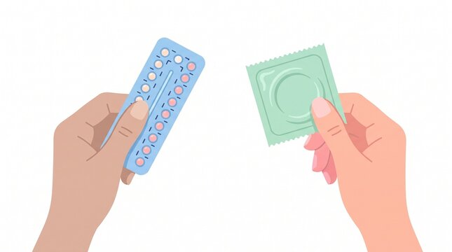 Hands holding birth control pill pack and condom