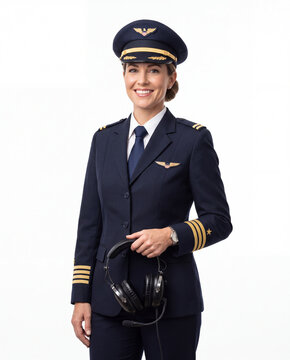 Female American airline pilot representing aviation careers, commercial flight operations, air travel, safety and professional expertise.